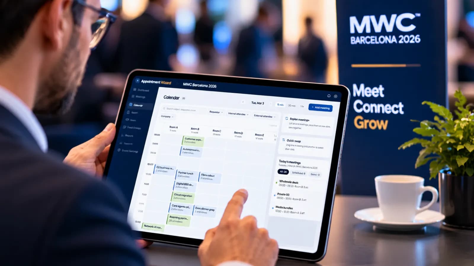 Managing the live schedule on a tablet at the stand