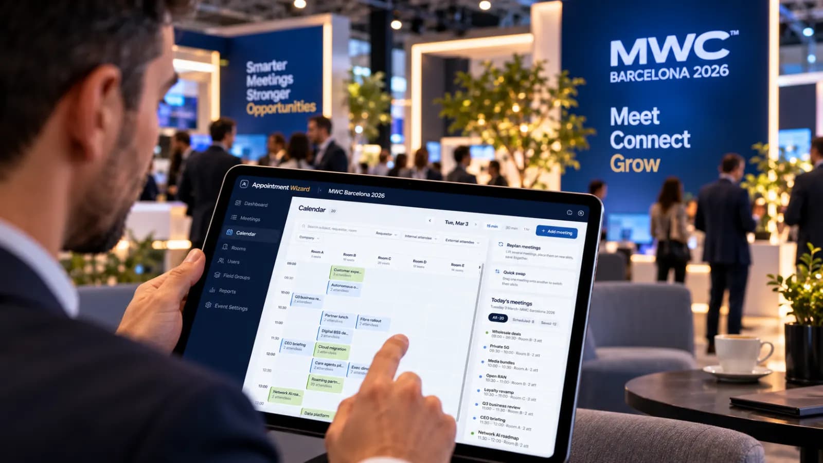 Account manager planning meetings on a tablet at MWC Barcelona